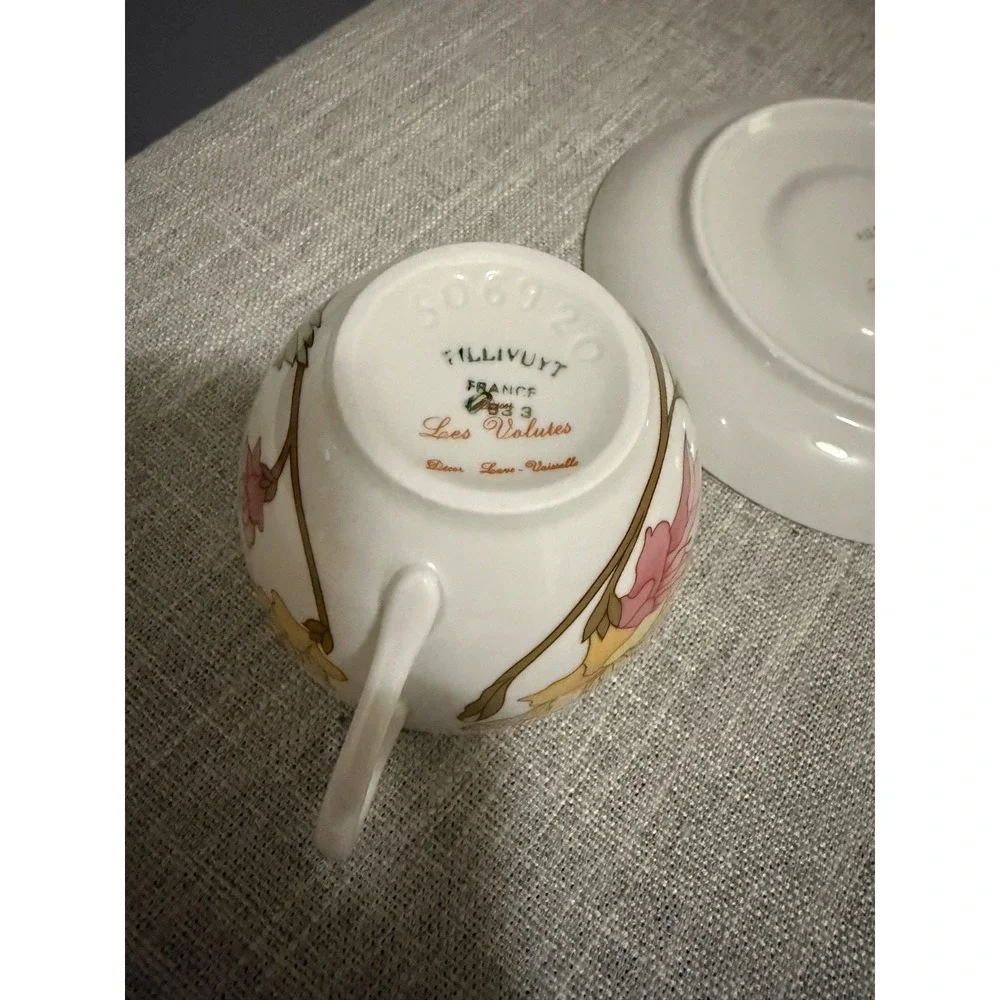 🌸 Vintage Les Volutes Pillivuyt France Cup & Saucer – Floral Yellow/Pink China